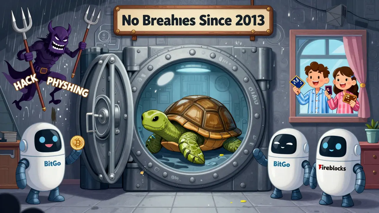 A secure vault guarded by robots, with hacking demons bouncing off its shield while a family watches safely.