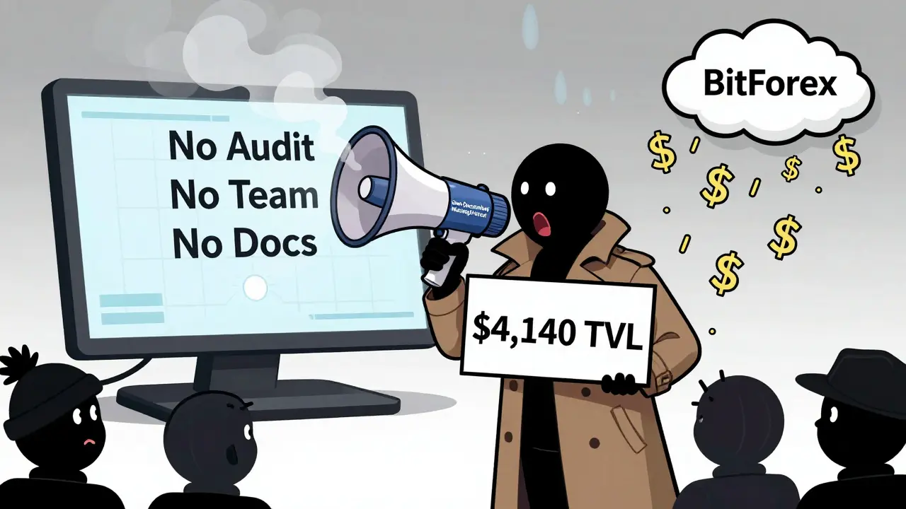 A shadowy figure whispers false claims into a megaphone while ',140 TVL' fades into smoke.