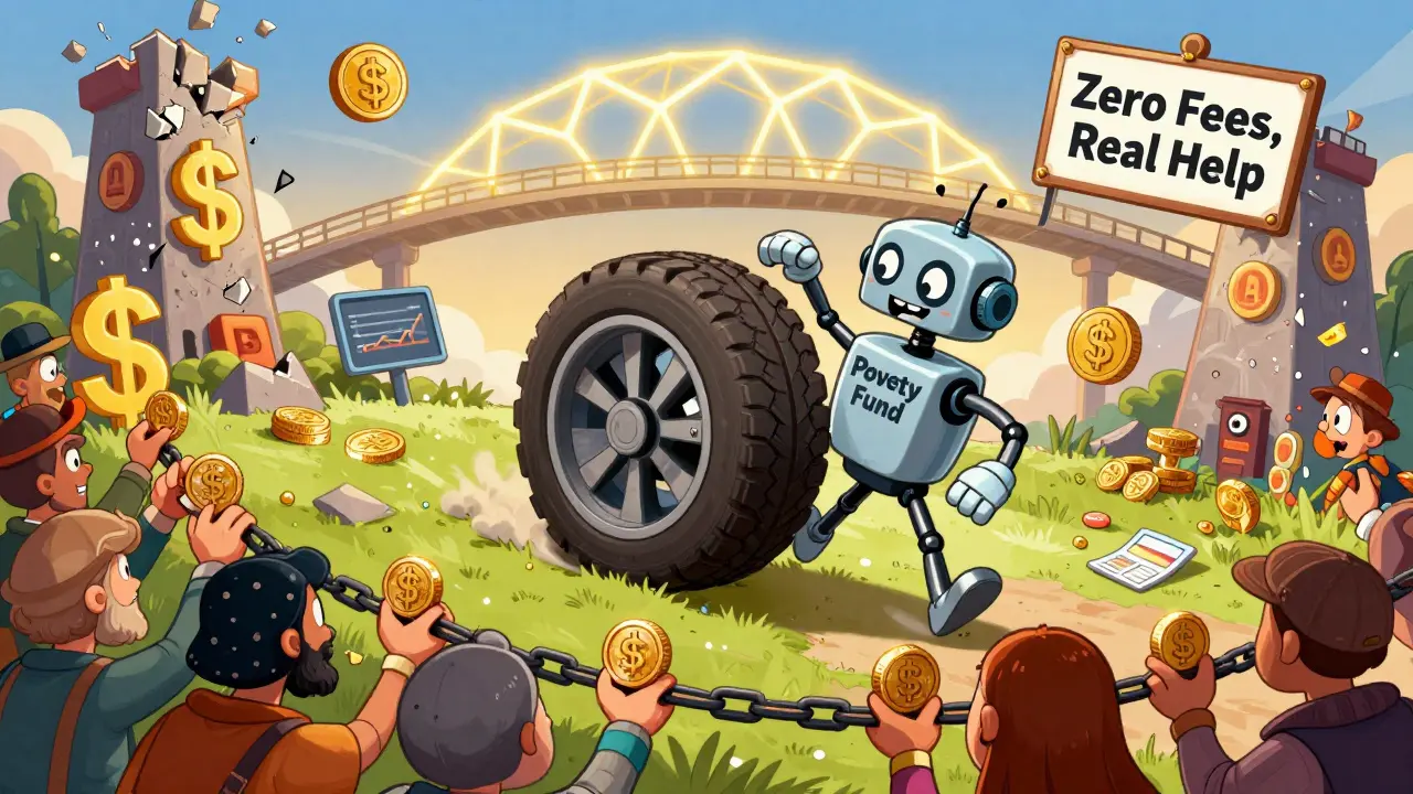 A small robot named Wolfible pushes a giant wheel labeled 'Poverty Fund' uphill, while villagers pass WSPP tokens.