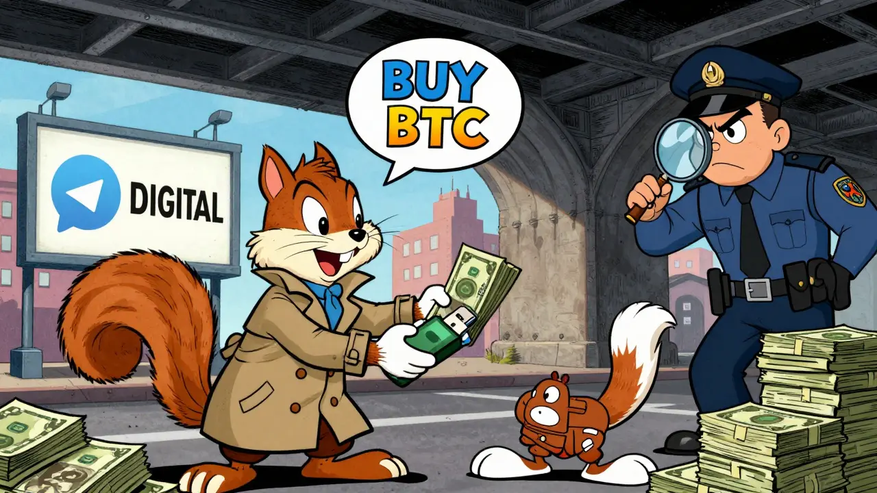A squirrel trades a USB drive for cash underground while a policeman watches.