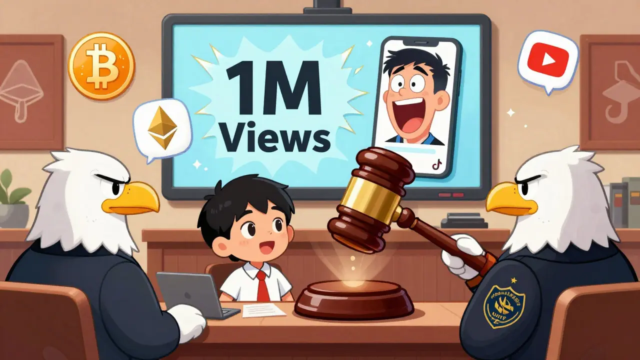 A student in court surrounded by crypto icons as a judge with a blockchain gavel pronounces sentence.