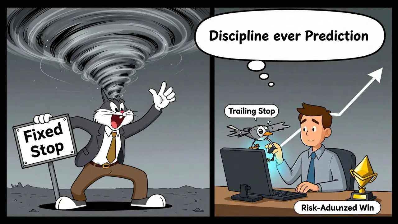 A trader blown away by volatility vs. another using a trailing stop bird to lock in gains.