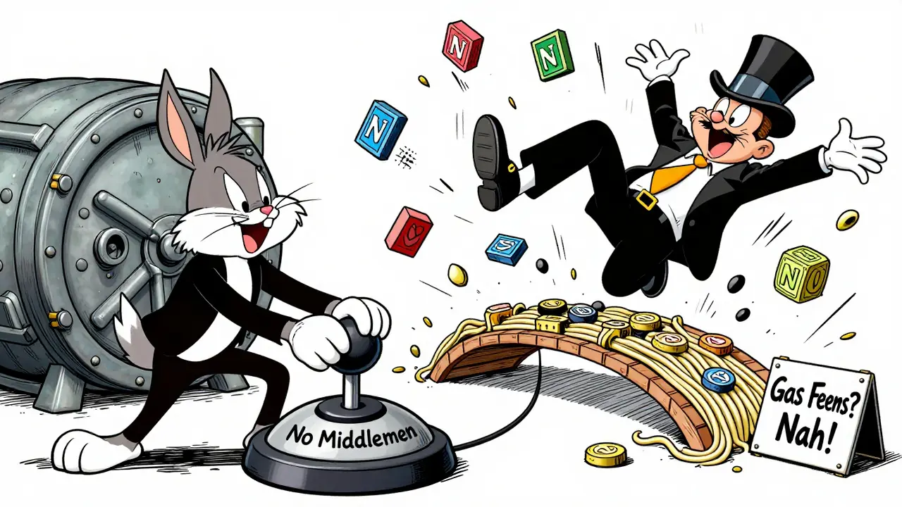 A user swapping tokens with a joystick as a shocked banker falls backward in a cartoon scene.