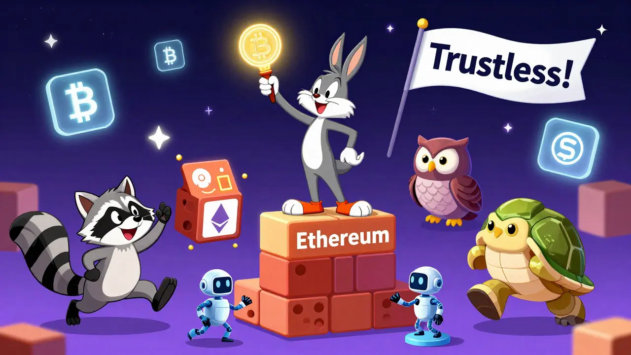 A user wielding a crypto wallet on a bouncing blockchain with animal nodes verifying transactions.