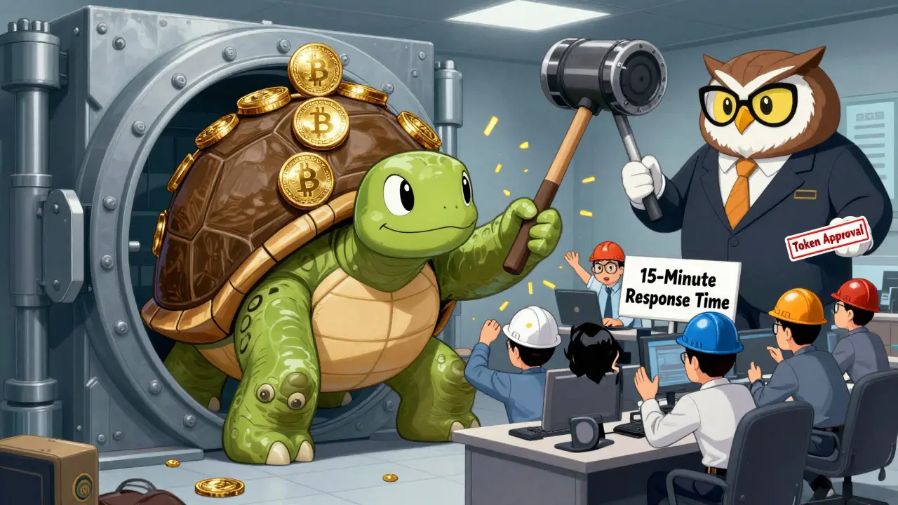 Armored turtle-like cold wallets carry crypto coins while engineers battle a massive DDoS attack with rubber mallets.