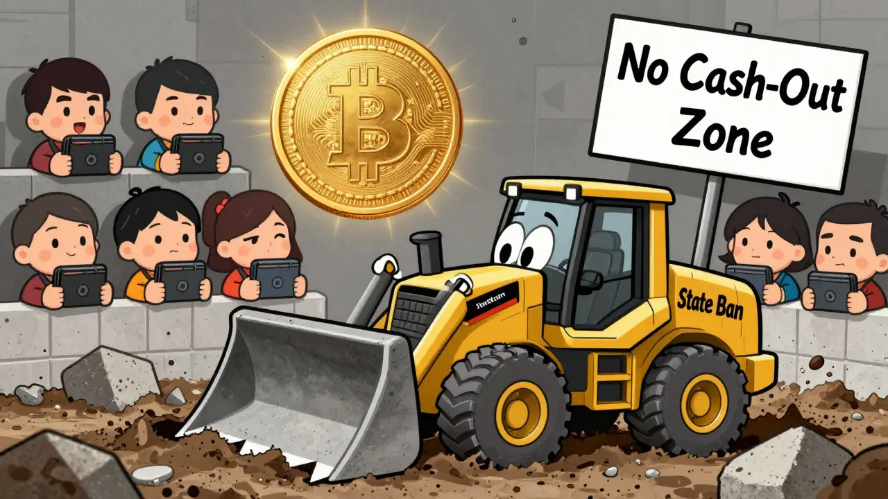 Bitcoin is buried under concrete by a bulldozer as the Digital Yuan shines above.