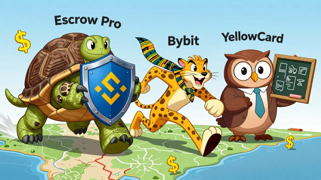 Cartoon competition between Binance, Bybit, and YellowCard as animal characters racing across Nigeria with crypto symbols.