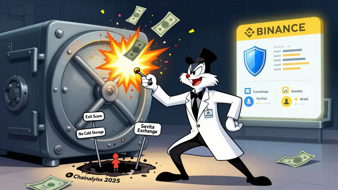 Cartoon villain pulling scam levers as a vault explodes, while real exchanges shine safely in the distance.
