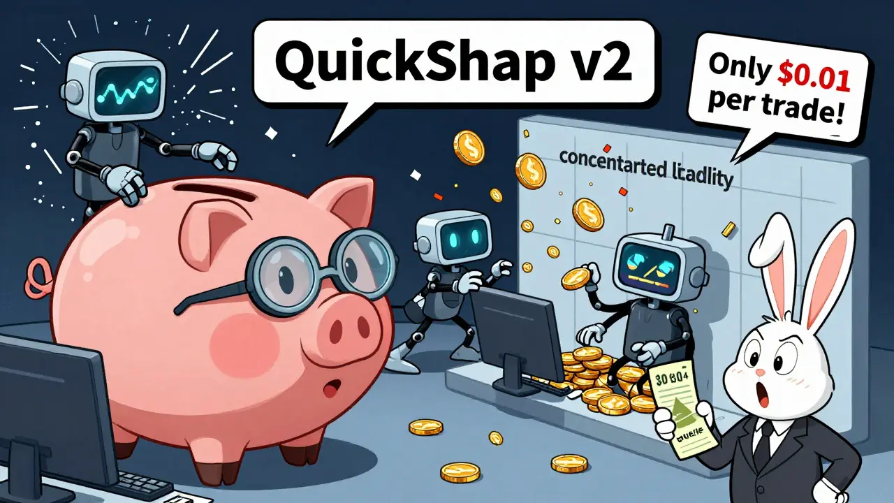 Chaotic trading floor inside a piggy bank with bots and price charts exploding in Looney Tunes style.