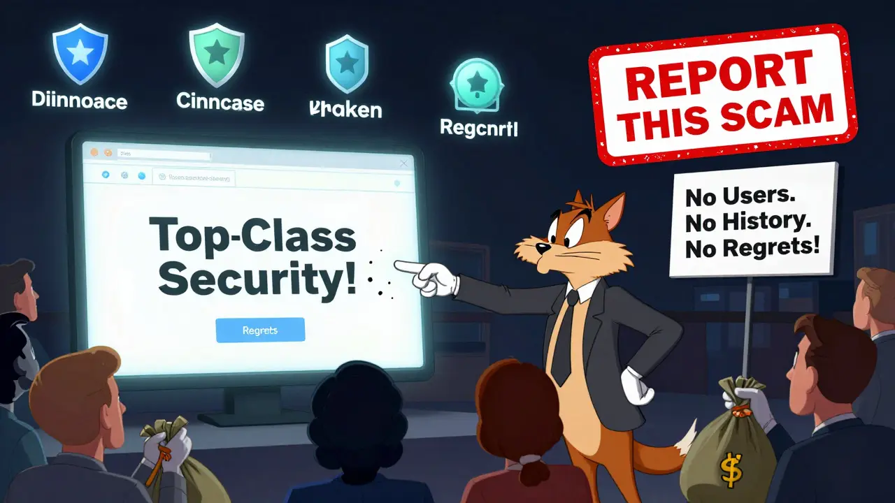 Confused investors lured by a fake website as a 'Regrets' sign falls apart, with real exchanges standing strong.