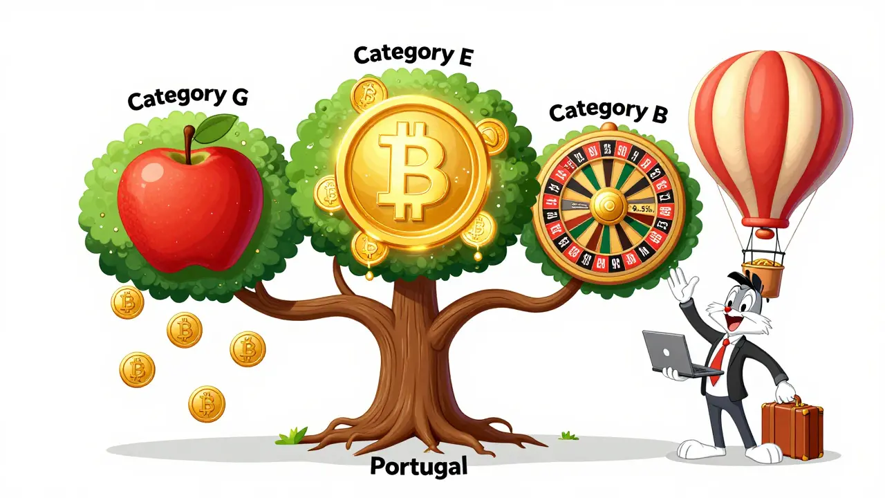 Crypto tax tree with three branches: tax-free apples, staking coins turning to bills, roulette wheel for income tax.