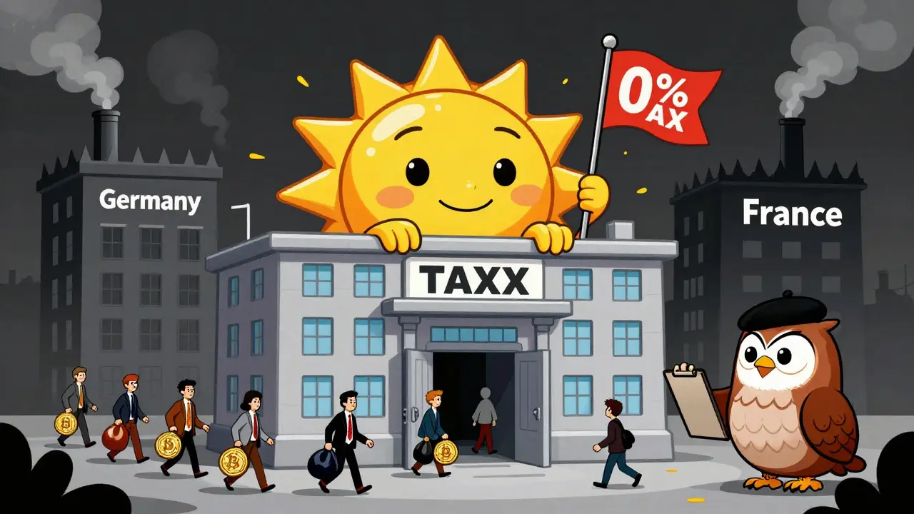 Friendly Portuguese tax office with smiling sun shape welcoming crypto investors while other countries fume