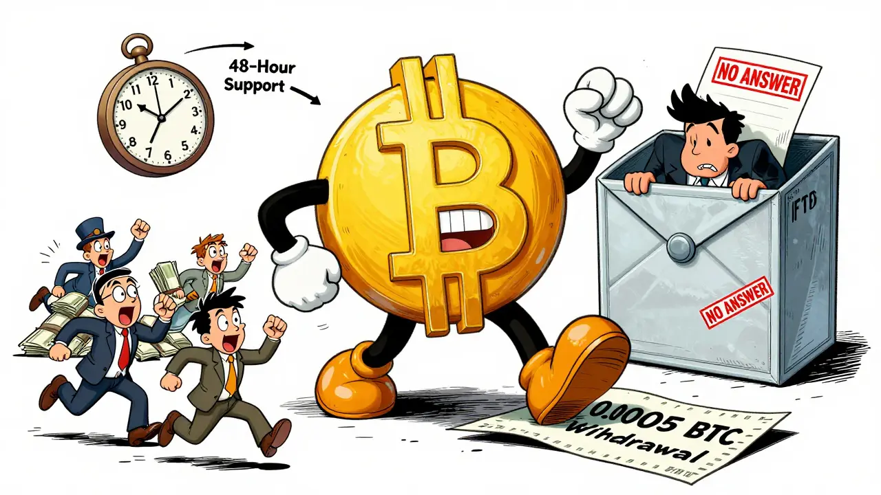 Giant Bitcoin stomping on a high withdrawal fee receipt while users flee delayed bank wires.