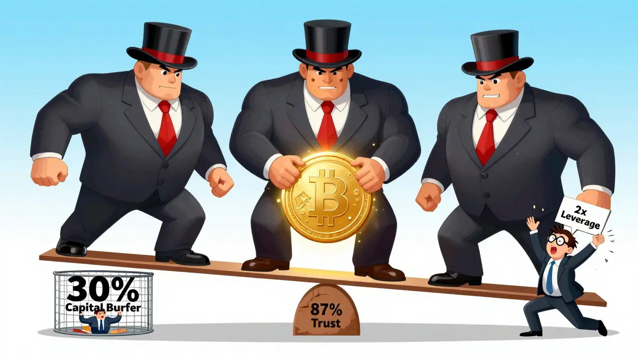 Japanese bankers lift a crypto token on a seesaw balanced between 30% capital buffer and traditional asset weights.