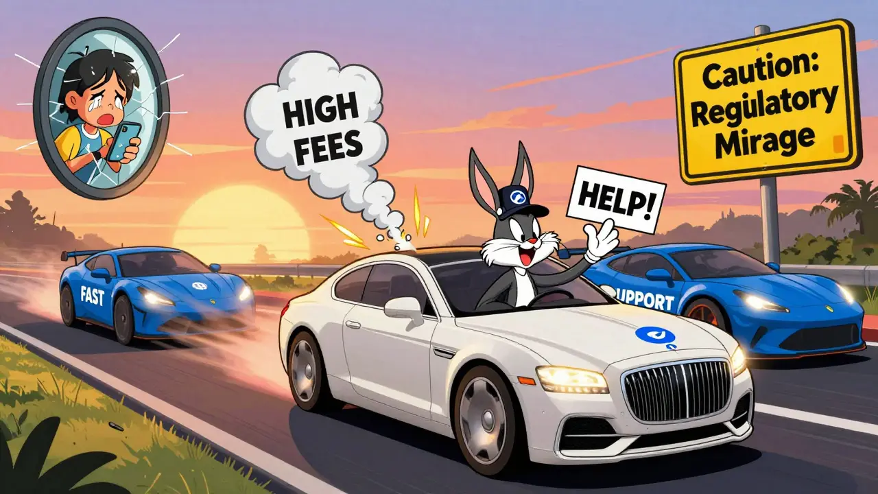 Luxury crypto car stranded on road with 'High Fees' smoke, while competitors zoom past.