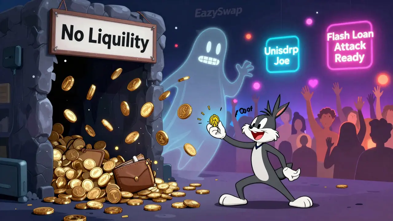 One user’s tokens vanish into a void labeled 'No Liquidity' as vibrant alternatives shine nearby.