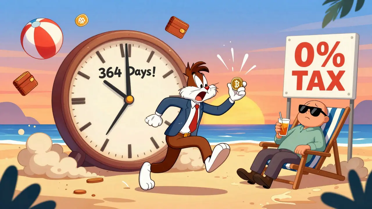 Panicked trader racing against a clock labeled 364 days while another relaxes with 0% tax sign