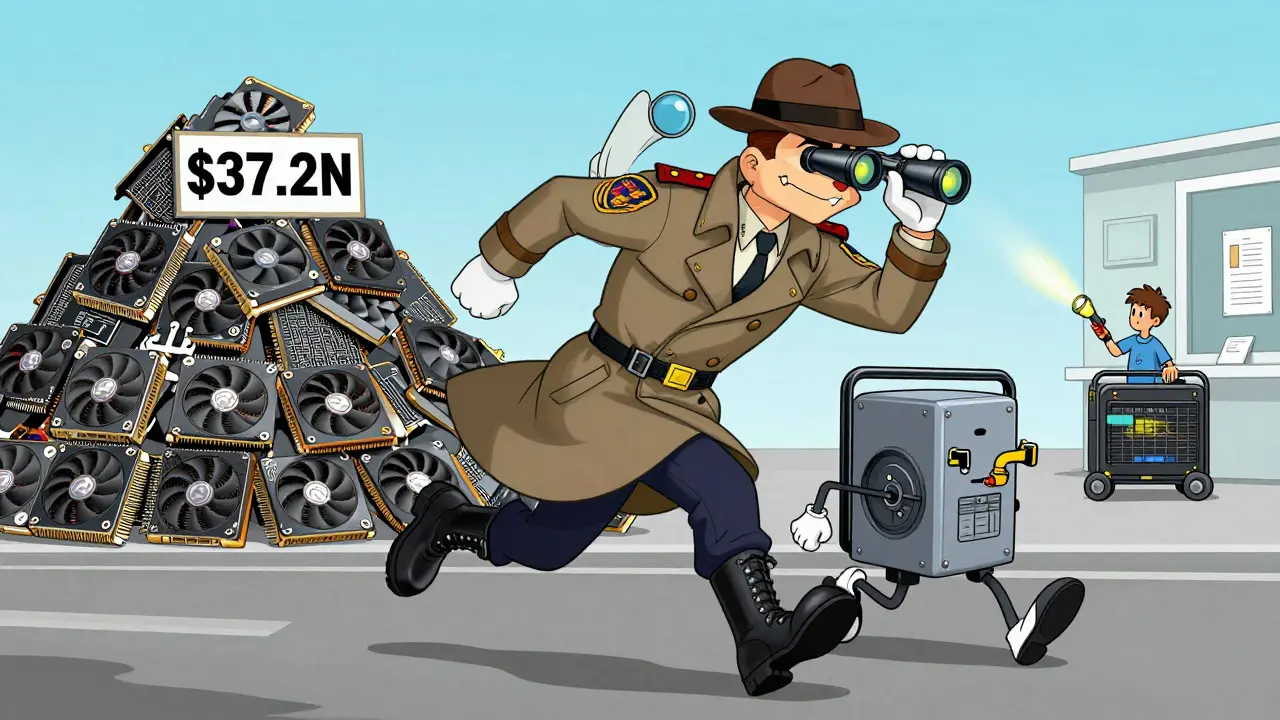 Police chase a runaway Bitcoin miner while seized hardware piles up and a clinic uses a generator.