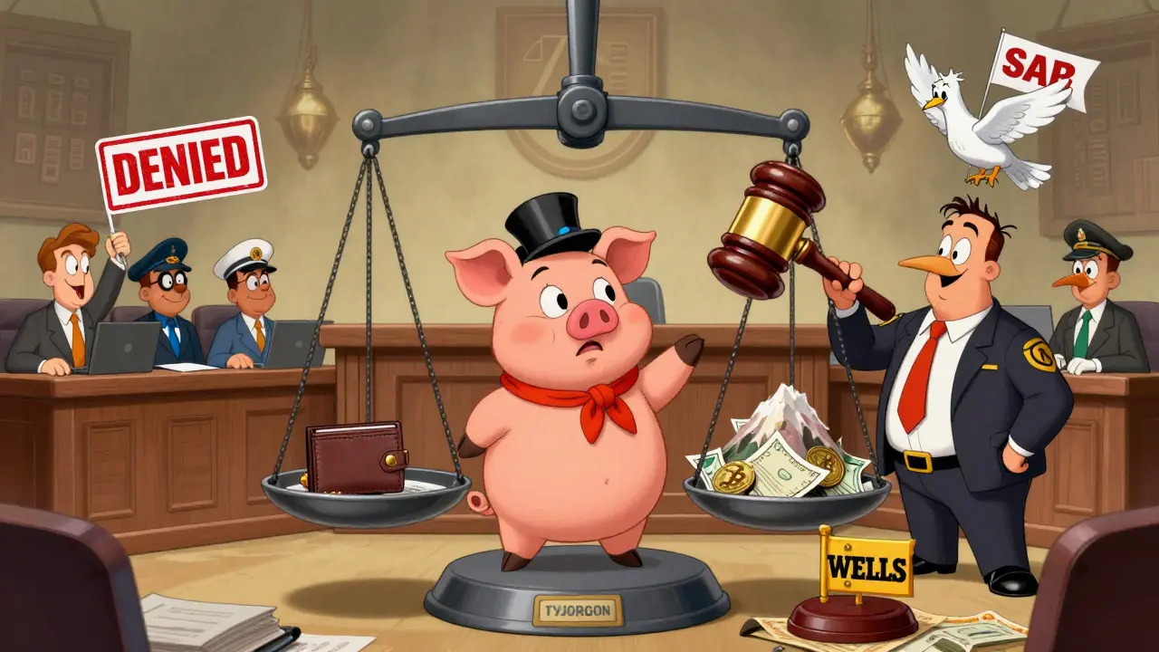 Porky Pig faces a massive fine scale in court as regulators throw denial stamps, with a whistleblower pigeon flying away.