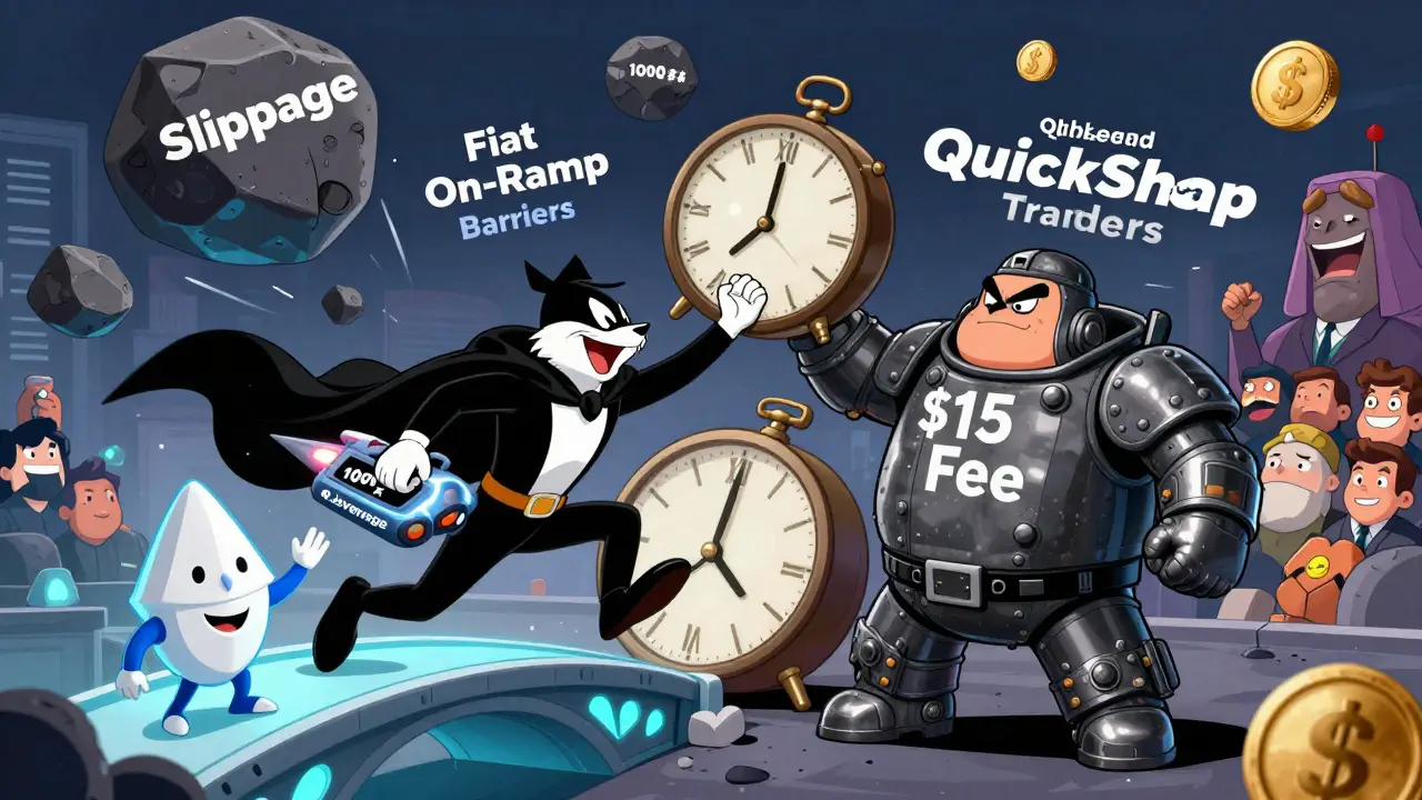 QuickSwap hero dodging slippage rocks while a slow Ethereum trader trips over high gas fees.