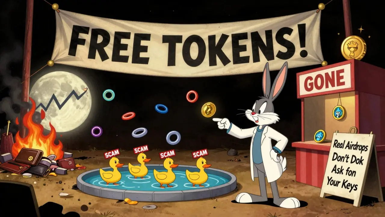 Rigged NEKO airdrop carnival with rigged games and a warning sign in vintage cartoon style.