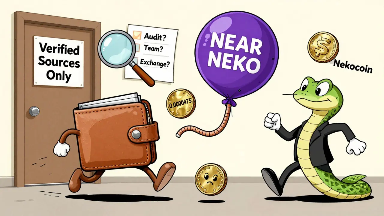 Running wallet escaping three misleading NEKO tokens in exaggerated cartoon chase scene.