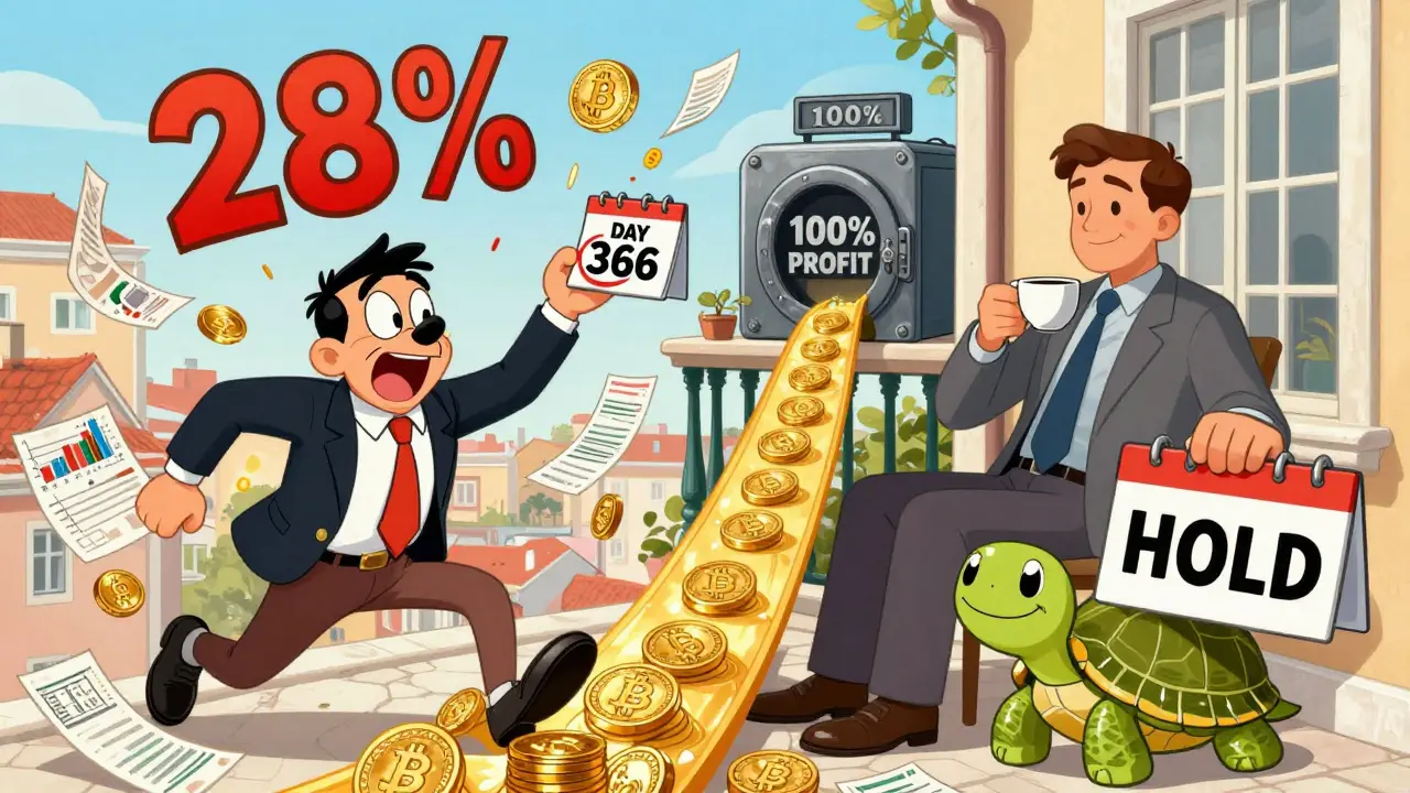 Split scene: frantic trader taxed vs calm investor on balcony with '366' calendar, golden path to vault.