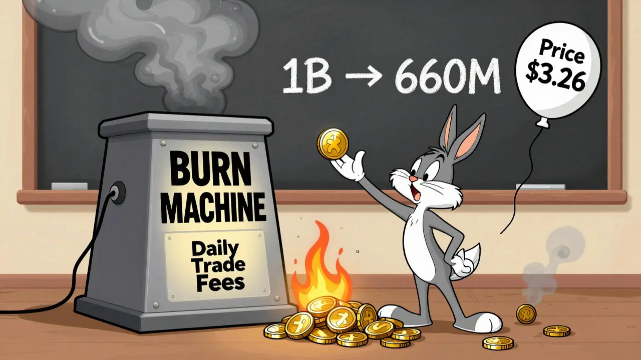 Tiny ASD token being burned in a machine, with price drop numbers fading into smoke.