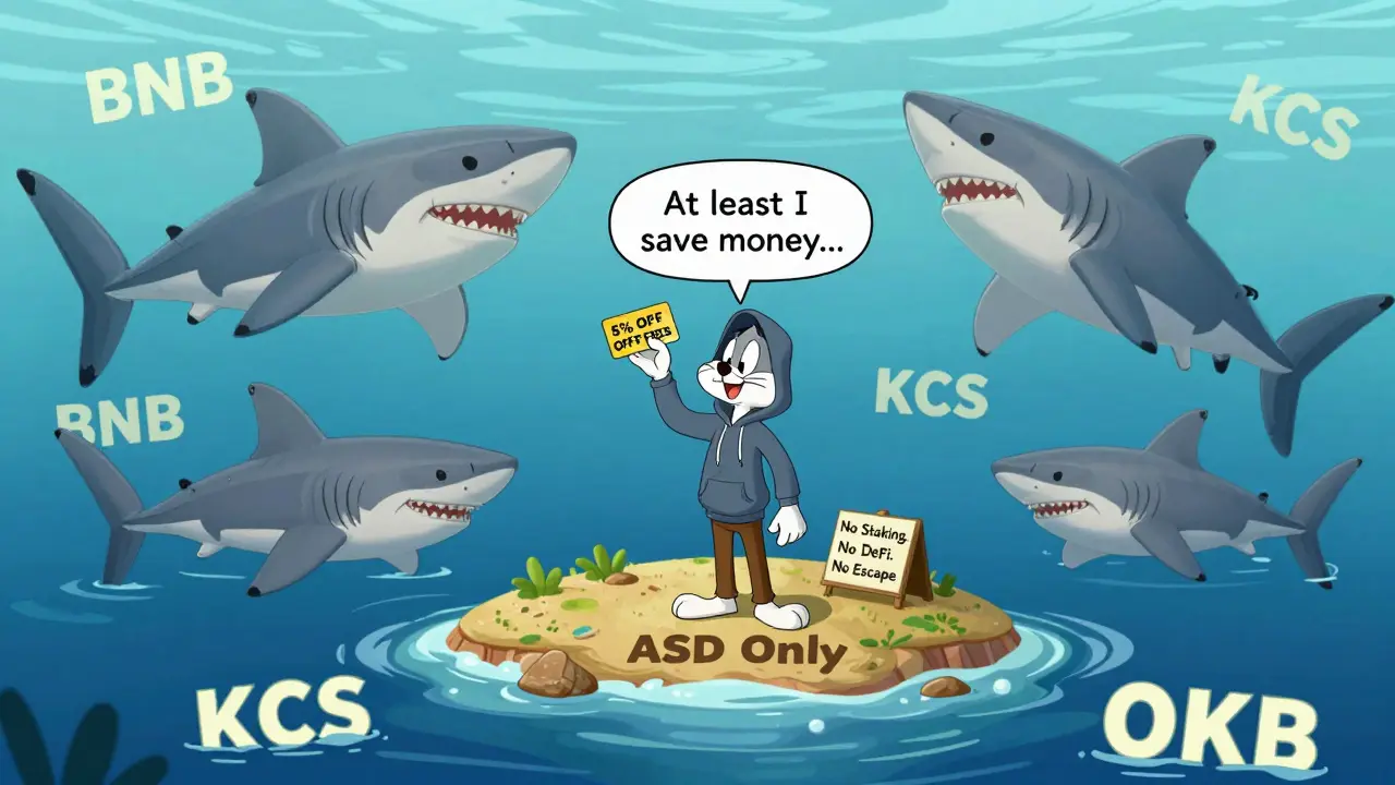 Trader on small island with ASD loyalty card, surrounded by giant crypto sharks.