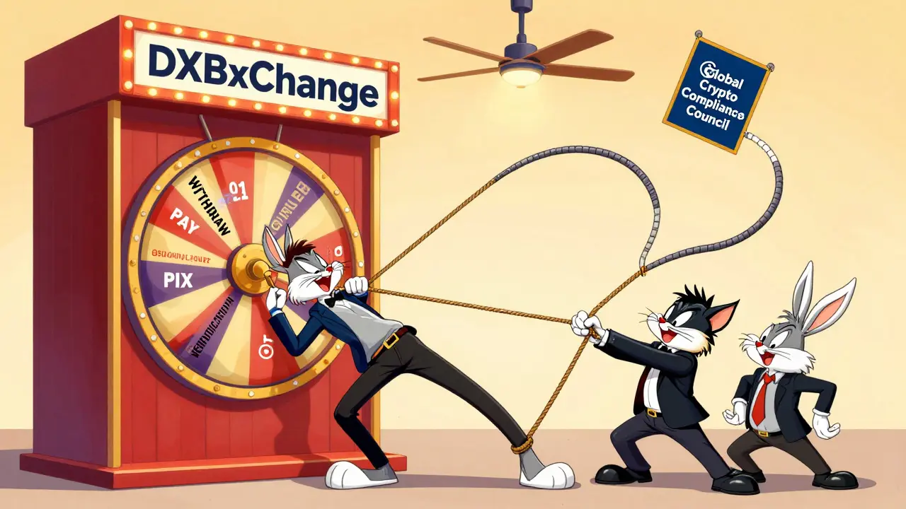 Victim trapped in a carnival game booth with spinning scam prompts and gremlins pulling ropes.