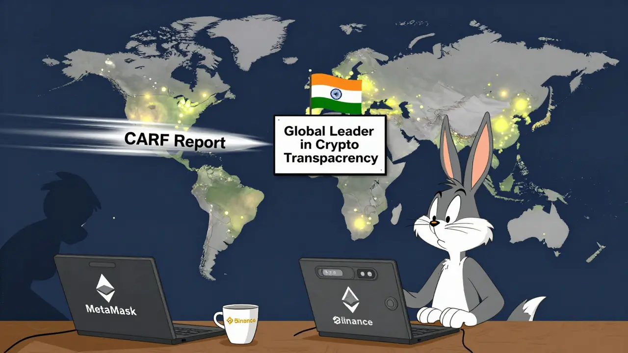 A cartoon Indian user sends crypto abroad while a CARF data stream connects to 60 countries on a global map.