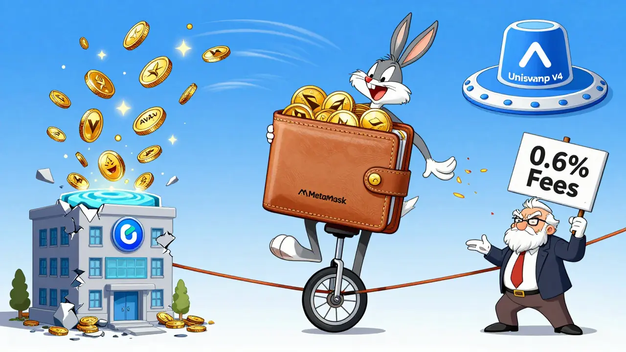A cartoon wallet riding a unicycle of AVAX coins between a crumbling Coinbase building and a gleaming Uniswap v4 hub.
