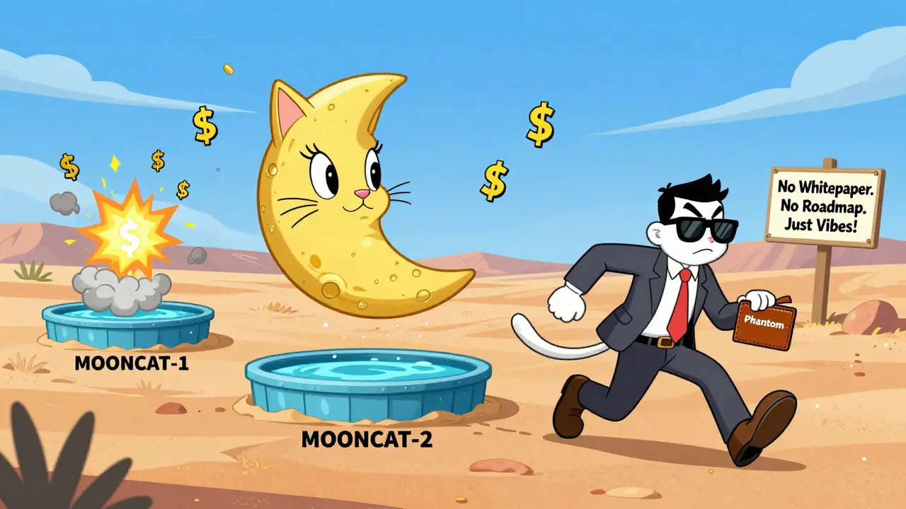 A cartoonish Solana MOONCAT token exploding as a confused trader chases fake liquidity pools.