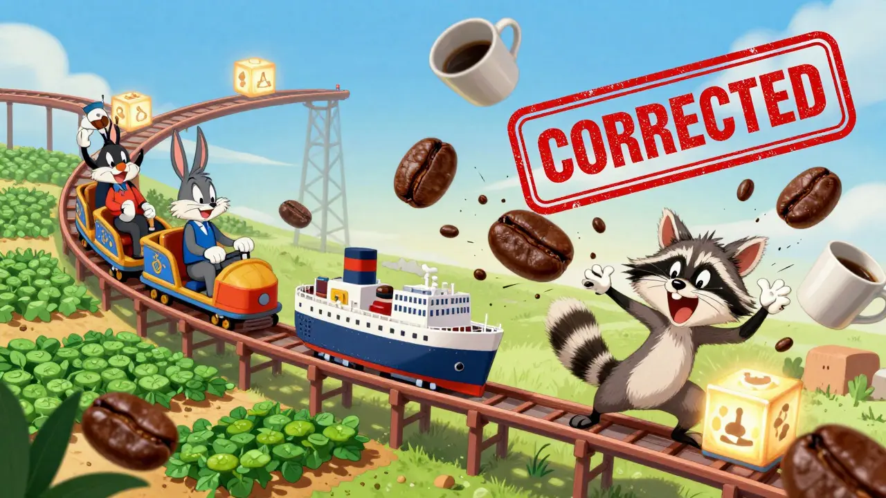 A coffee bean rides a rollercoaster with blockchain checkpoints as a sneaky raccoon tries to cheat.