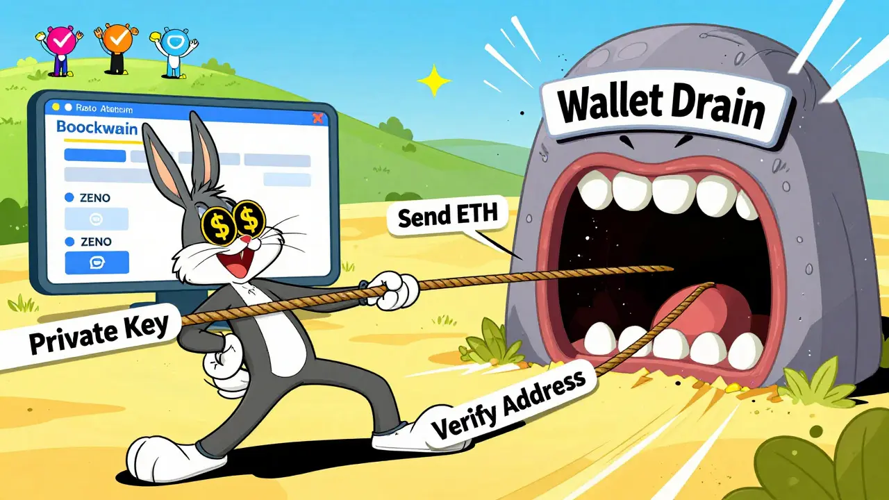 A crypto investor pulled toward a wallet-draining portal by three scam ropes.