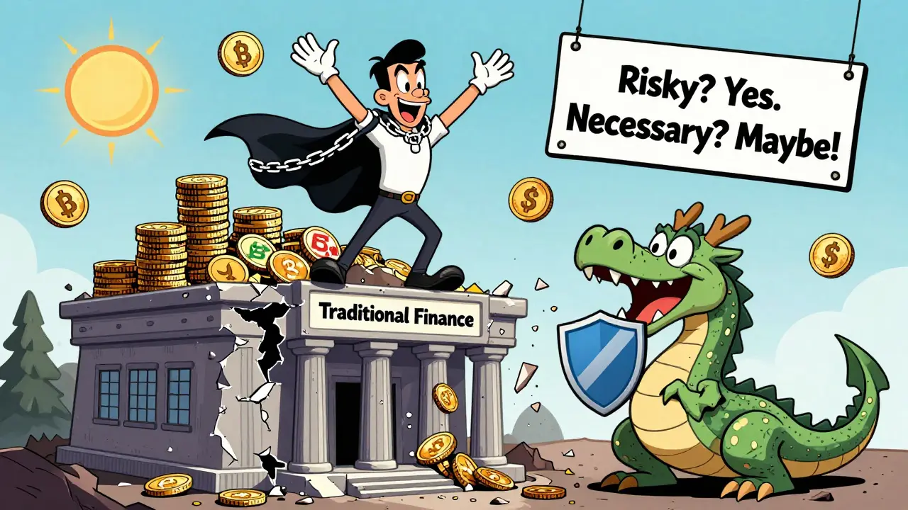 A DeFi hero stands on stablecoins as a smart contract dragon eats a bank, with no audit shield.