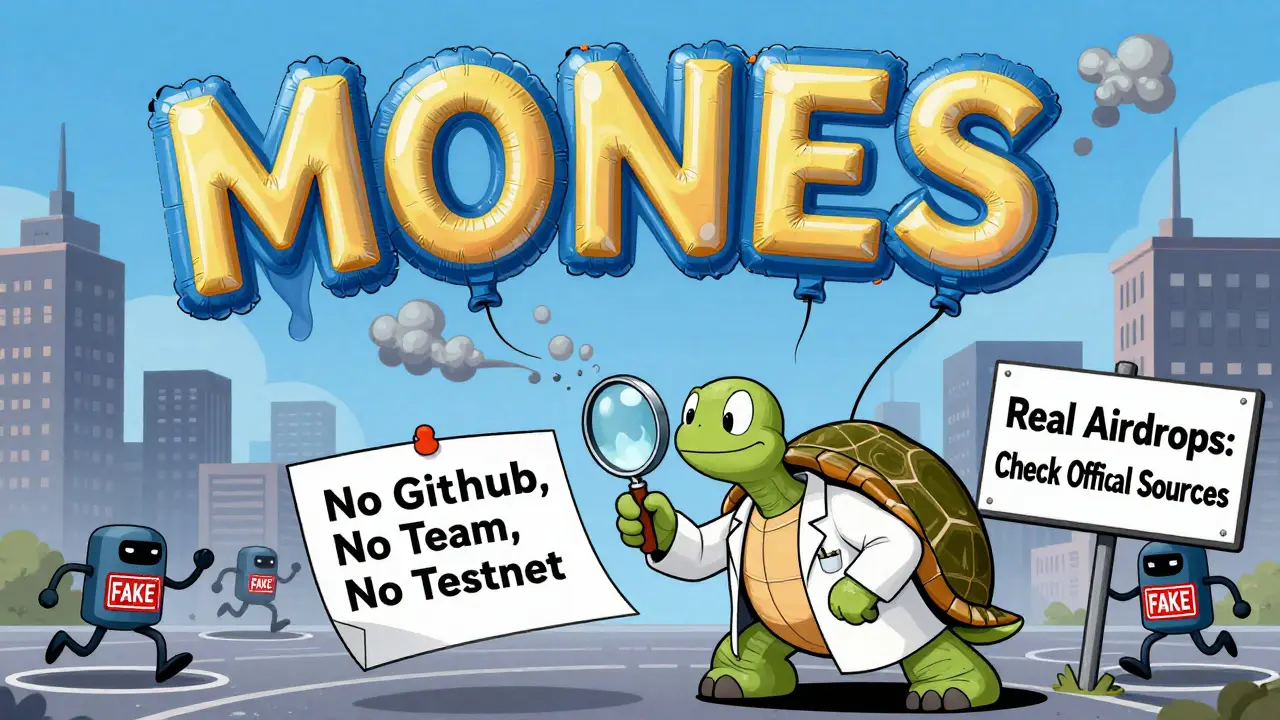 A deflating 'MONES' balloon over a city of crypto logos as a turtle examines a blank whitepaper.