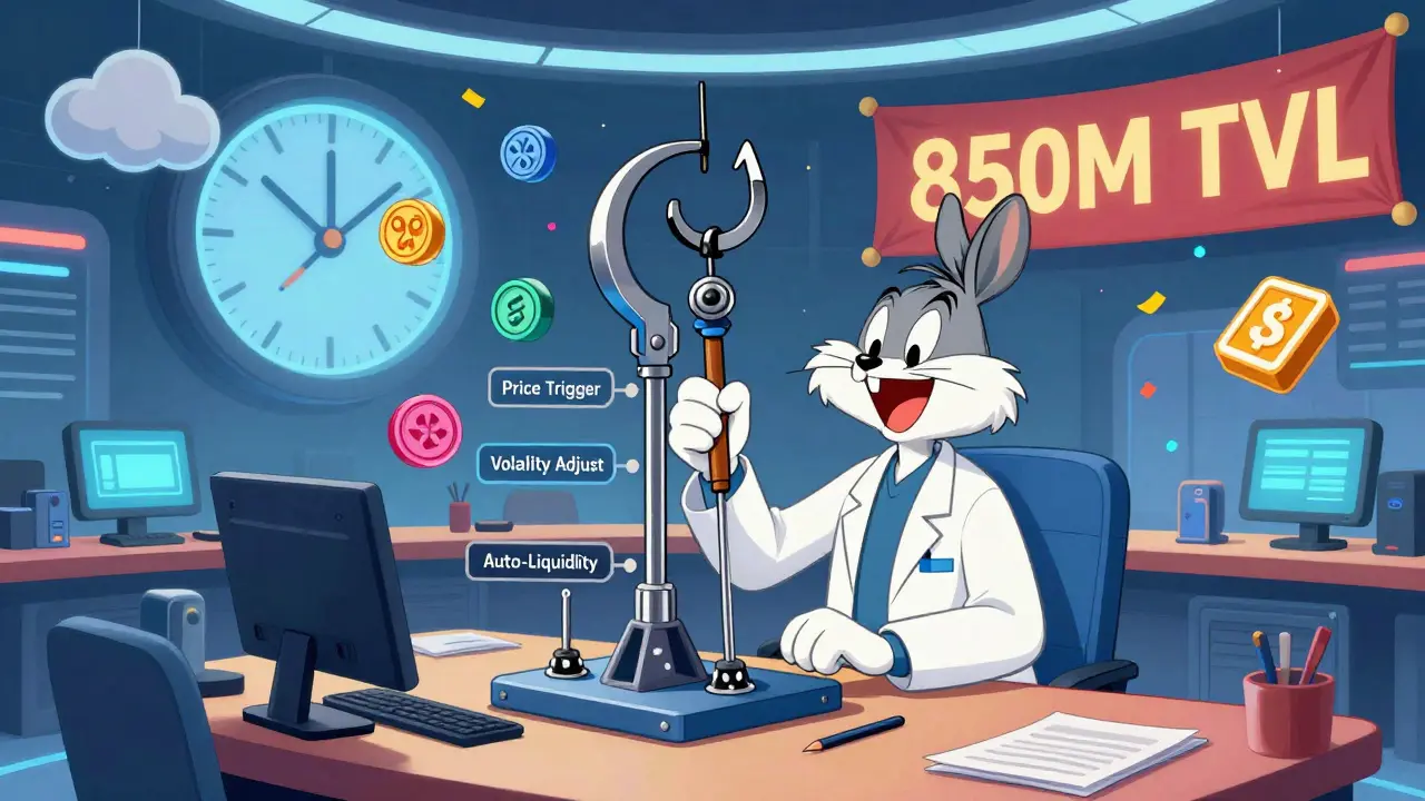 A developer building a hook machine with animated tokens swapping in the air, surrounded by blockchain clouds and a 2026 countdown.