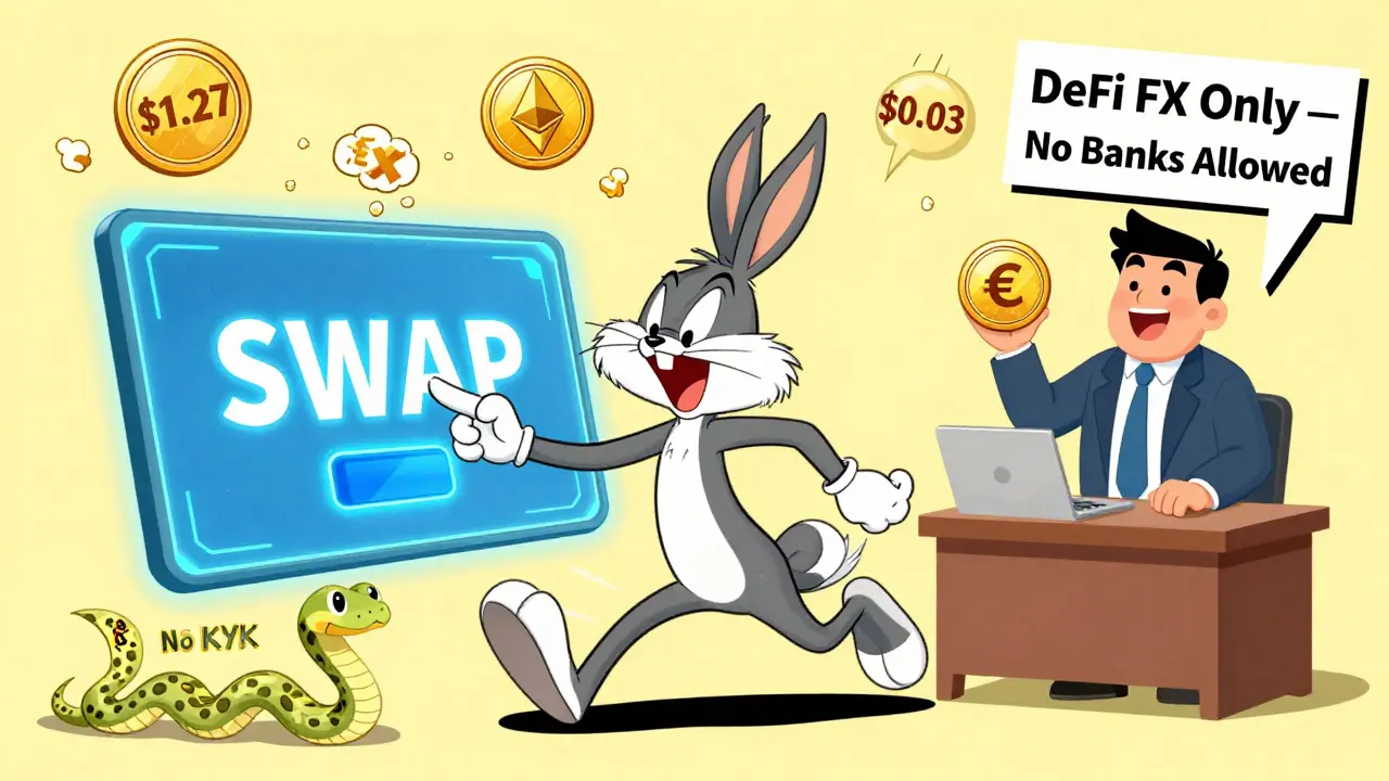 A freelancer swaps EUR for JPY stablecoin on a blockchain screen, with gas fees bouncing like popcorn.