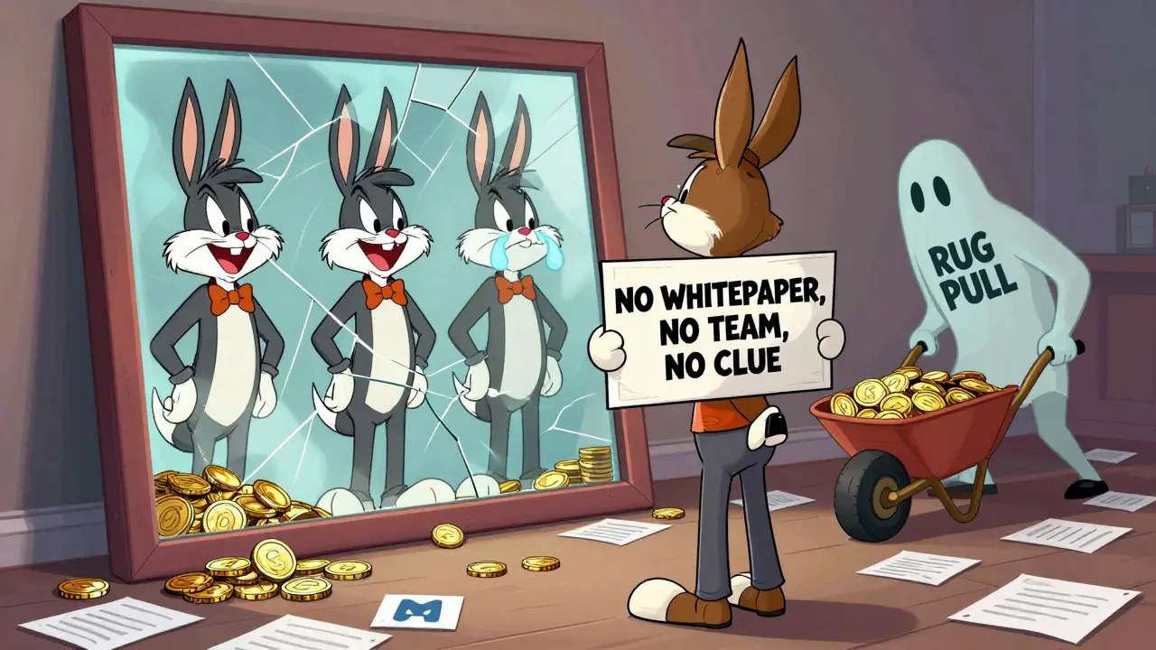 A lone trader faces three reflections of himself while a 'RUG PULL' ghost steals tokens, in Looney Tunes style.