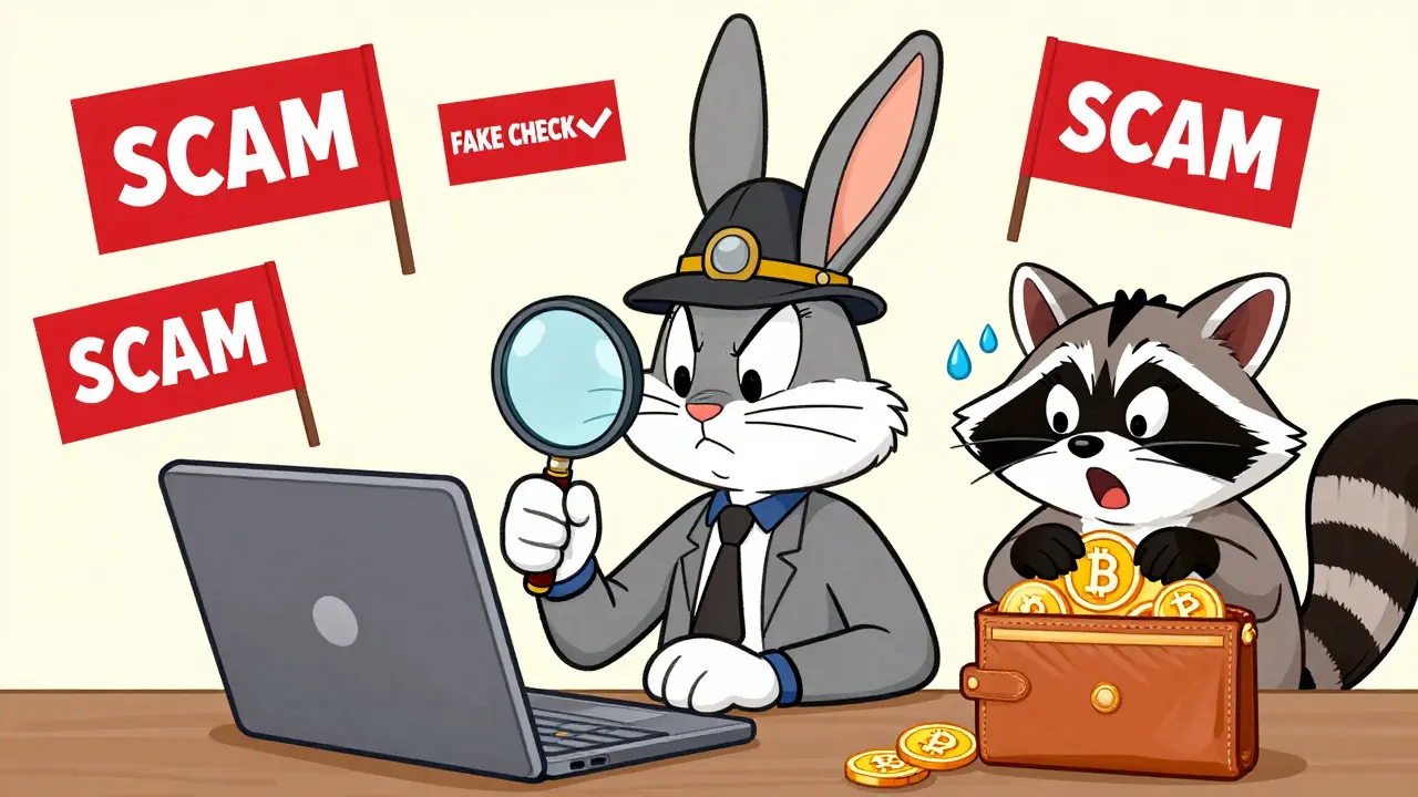 A rabbit detective examines a fake crypto airdrop site with scam flags floating around.