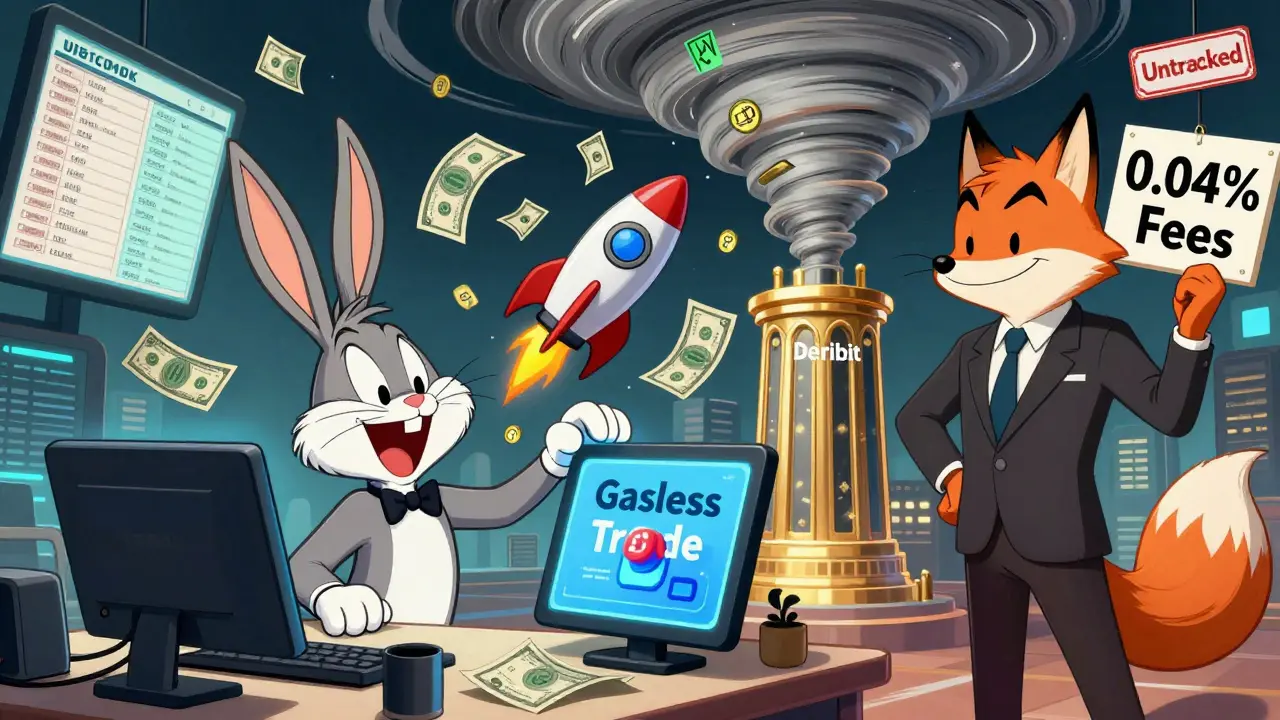 A rabbit trader using a gasless trade button while dollar bills fly from a MetaMask wallet, with a smug fox holding a higher fee sign in the background.