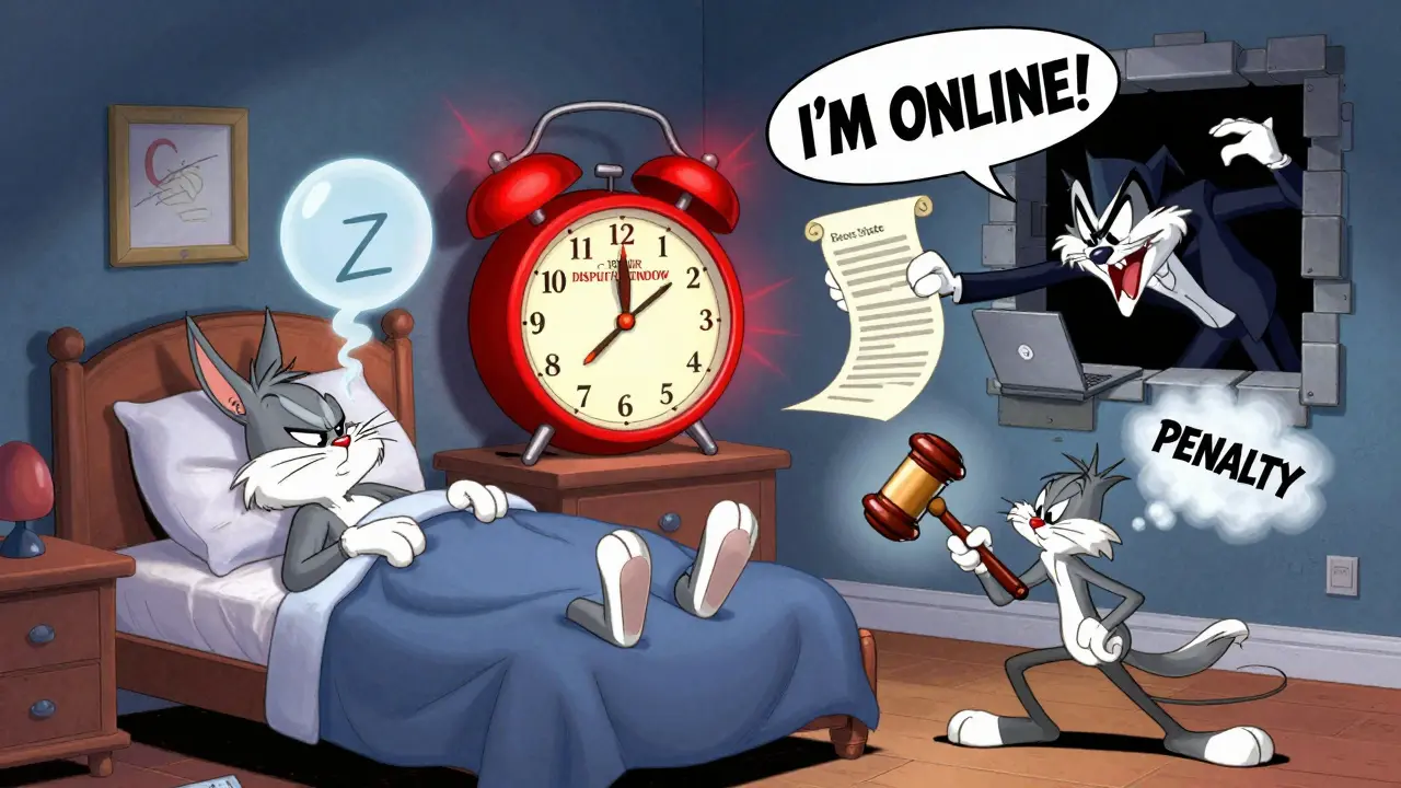 A sleeping user threatened by fraud, while a hero rushes to submit the real transaction before the dispute window closes.