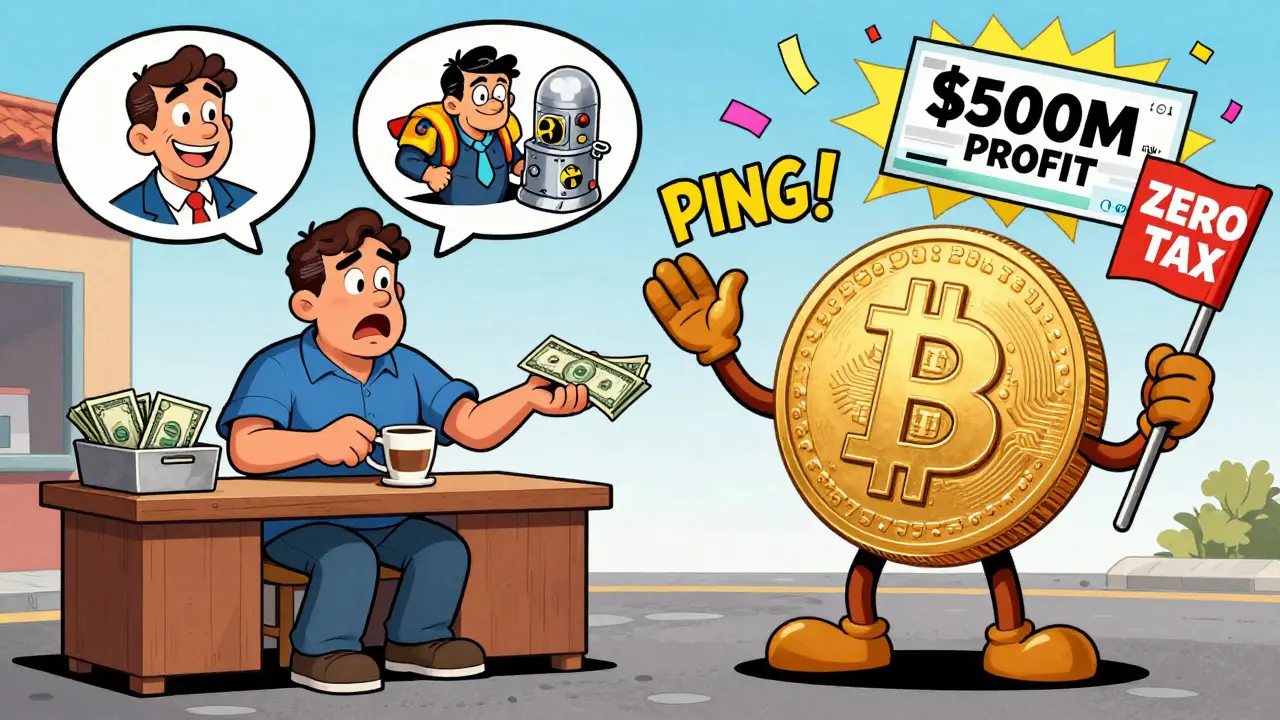 A street vendor beside a friendly Bitcoin coin that accepts digital payments while a confused tourist tries to pay with cash, all in Looney Tunes style.
