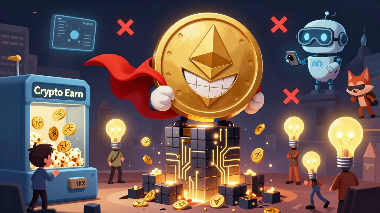 A superhero TKX token standing on the Titan blockchain tower while users stake coins in a popcorn machine.