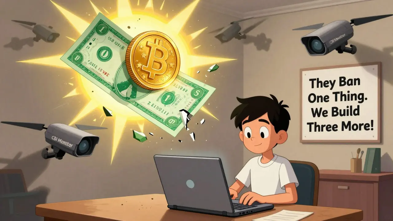 A teenager pays for online courses with DAI as the rial crumbles, and surveillance drones crash trying to stop them.