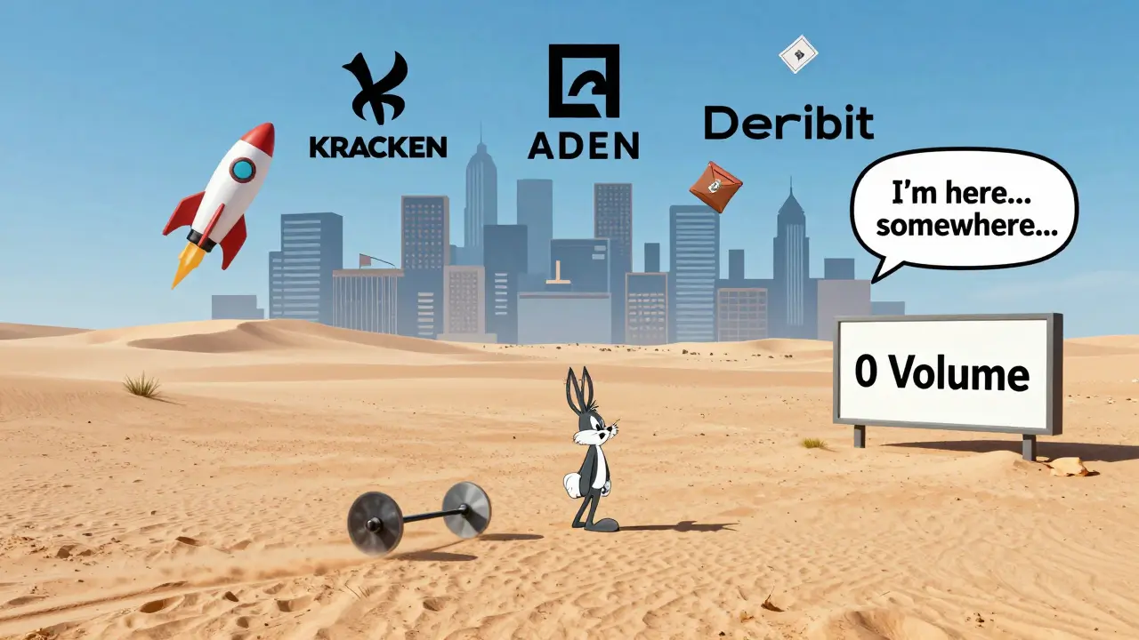 A tiny ADEN logo alone in a desert with a '0 Volume' tumbleweed, while rival exchanges loom large in the distance with bustling trading activity.