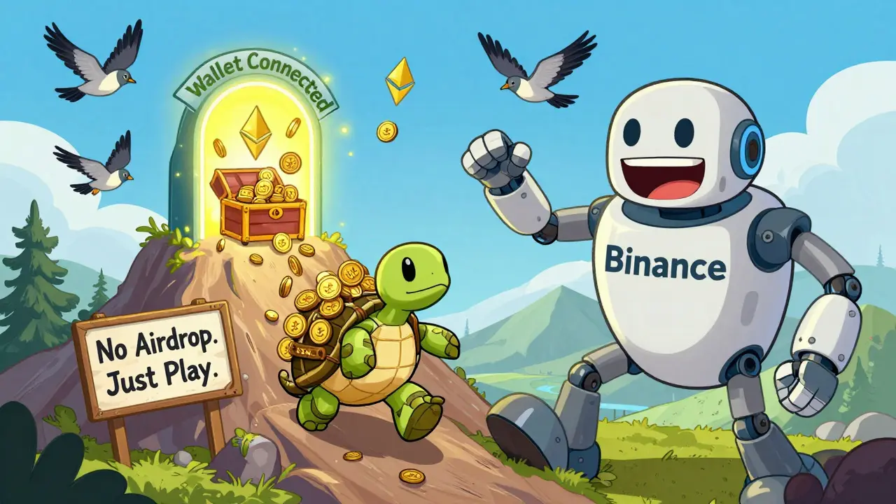 A tired turtle climbs a 'Gameplay Rewards' mountain as a giant robot mocks from below, with tokens pouring into a wallet portal.