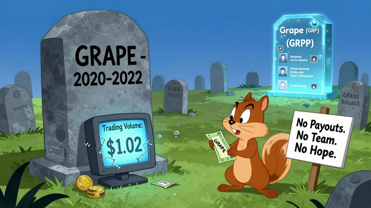 A tombstone for GRAPE token next to a monitor showing .02 trading volume.