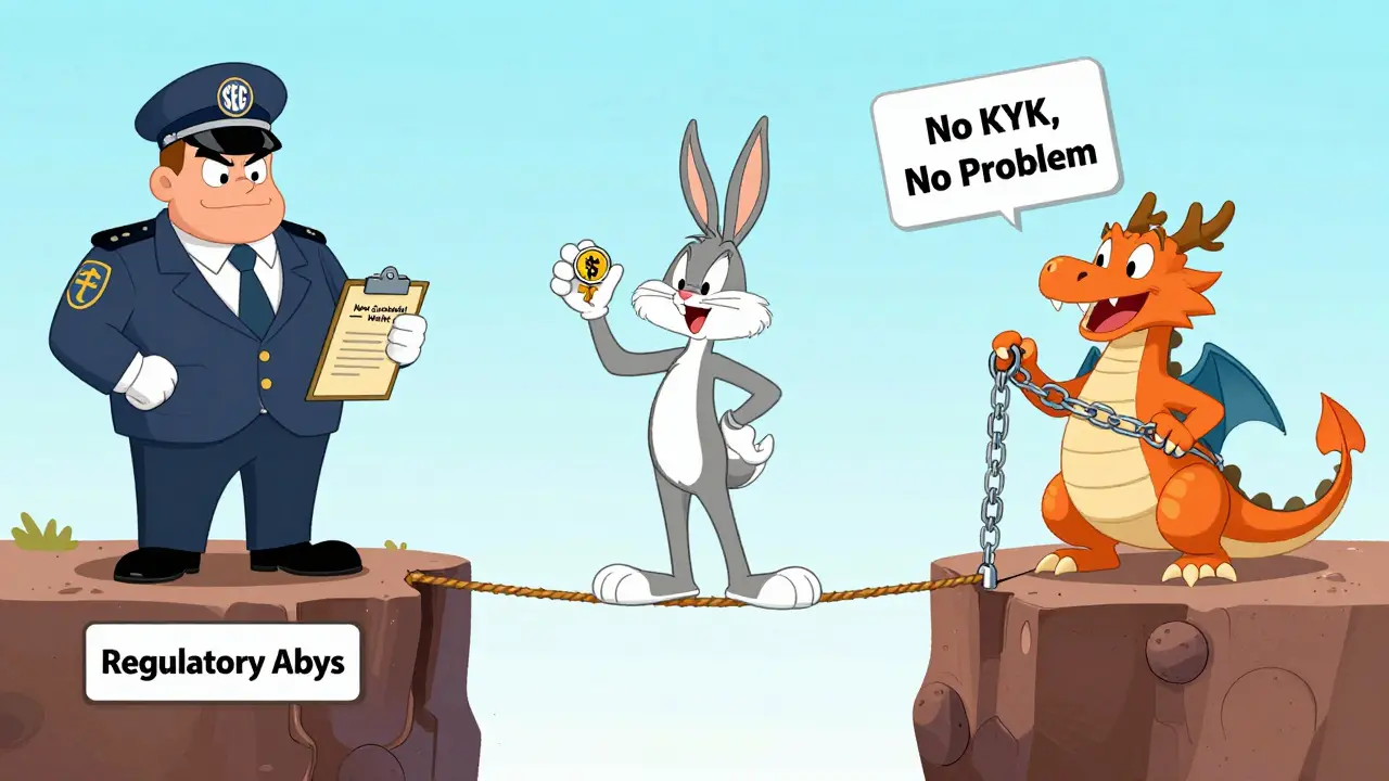 A user balancing on a tightrope between regulators and decentralized exchanges in Looney Tunes style.